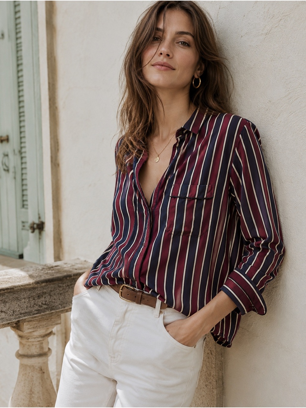 GANNI Striped Silk Long Sleeve Button Down Blouse - Size XS